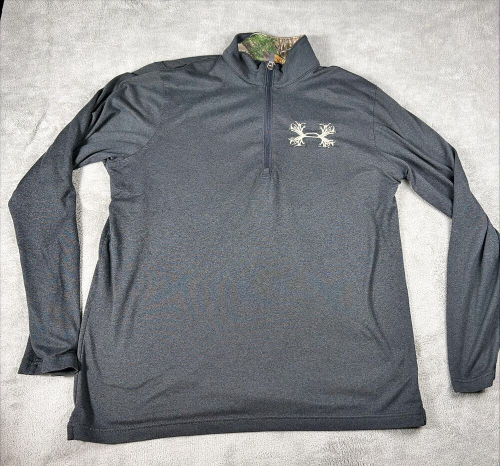 Under Armour HeatGear 1/4 Zip Pullover Men M Gray Deer Antler Logo Camo Hunting